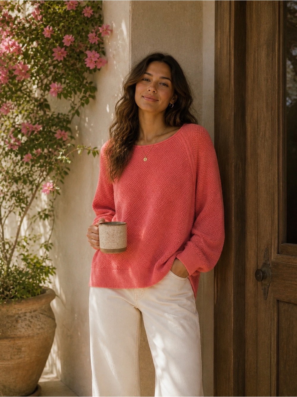 GAP Coral Pink Textured Crewneck Sweater - 100% Cotton - Coastal Beach Sweater